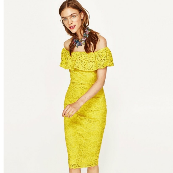Rare Zara yellow lace off shoulder dress - thefunkyskunk.ie
